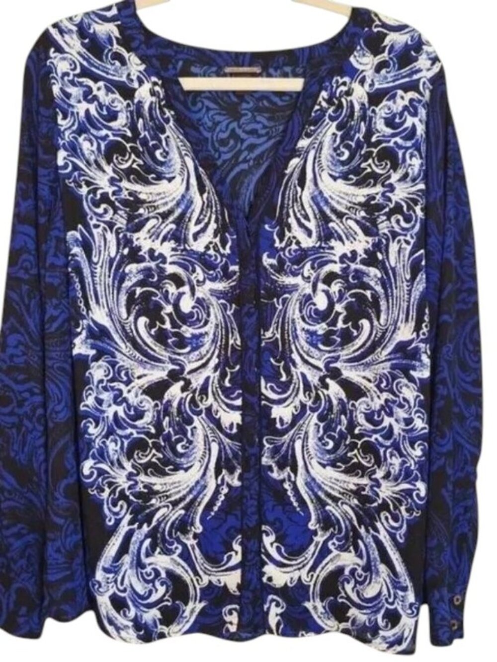 Dana Buchman Blue & White Baroque Scroll Print Blouse Sz 0X